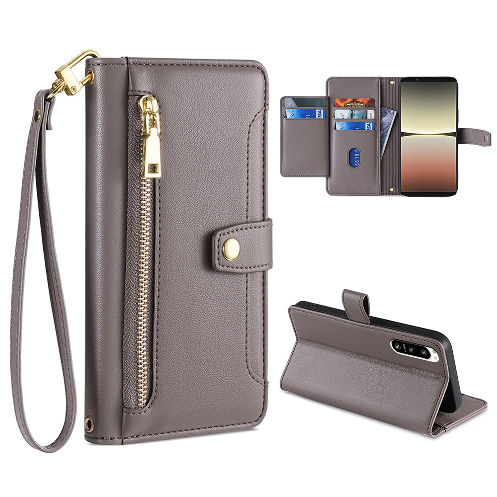 For Sony Xperia 5 IV 5G Book Style PU Leather Stand Case Zipper Pocket Card Slots Flip Phone Cover with Wrist Strap and Shoulder Strap For Sony Xperia 5 IV 5G Book Style PU Leather Stand Case Zipper Pocket Card Slots Flip Phone Cover with Wrist Strap and Shoulder Strap